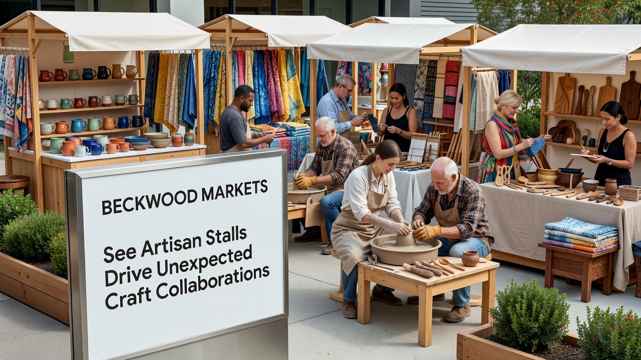 Evening market scene with paired crafters demonstrating combined products under string lights