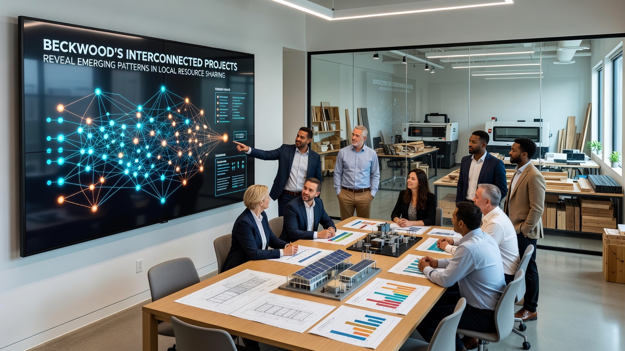 Residents coordinating shared equipment and spaces through digital interfaces in a Beckwood community center